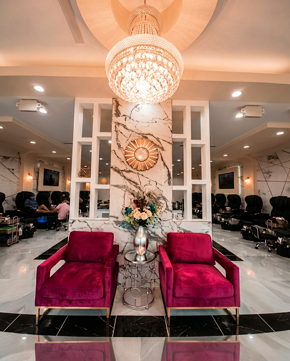 Le Posh Nail Spa interior with plush chairs and elegant decor